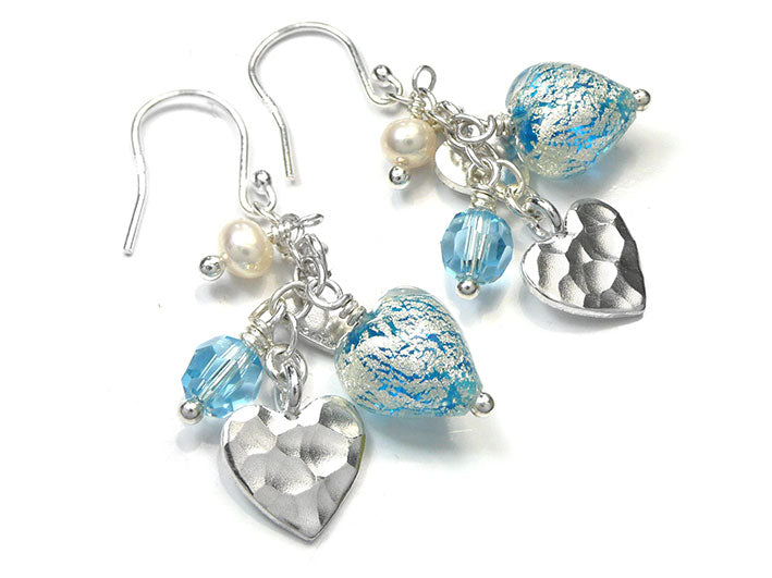 Murano Glass Heart Amore Earrings - Aqua and White Gold