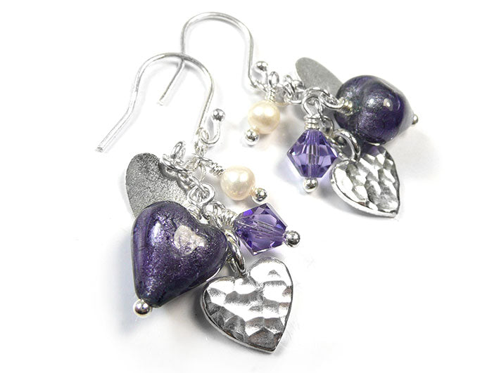 Murano Glass Heart Amore Earrings - Purple Velvet