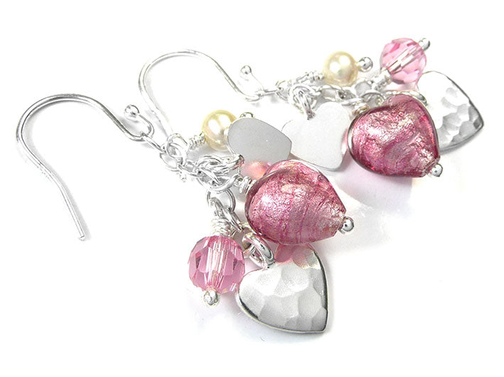 Murano Glass Heart Amore Earrings - Raspberry