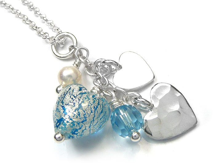 Murano Glass Heart Amore Pendant - Aqua and White Gold