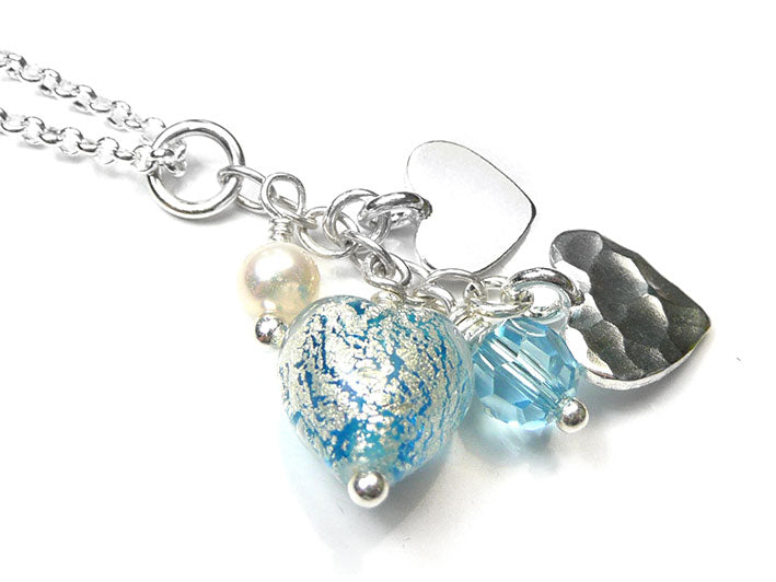 Murano Glass Heart Amore Pendant - Aqua and White Gold
