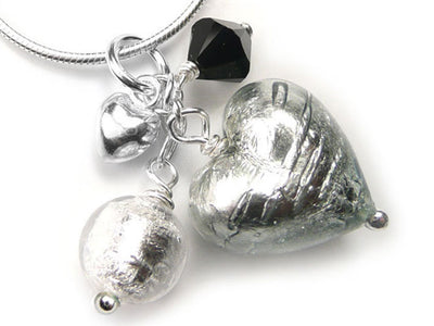 Murano Glass Heart Cluster Pendant - Black Diamond