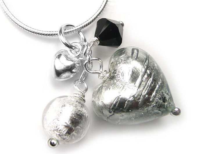 Murano Glass Heart Cluster Pendant - Black Diamond