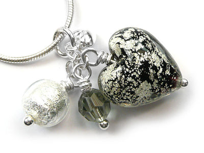 Murano Glass Heart Cluster Pendant - Black and Silver