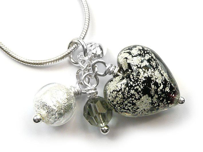 Murano Glass Heart Cluster Pendant - Black and Silver