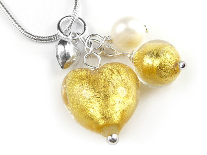 Murano Glass Heart Cluster Pendant - Gold