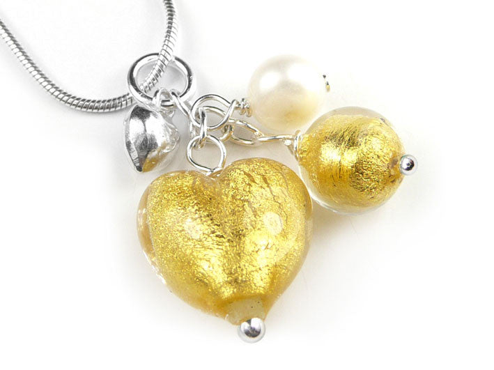 Murano Glass Heart Cluster Pendant - Gold