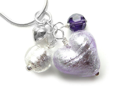 Murano Glass Heart Cluster Pendant - Lilac