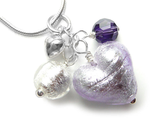 Murano Glass Heart Cluster Pendant - Lilac