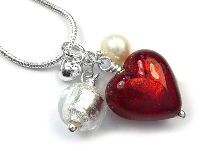 Murano Glass Heart Cluster Pendant - Ruby