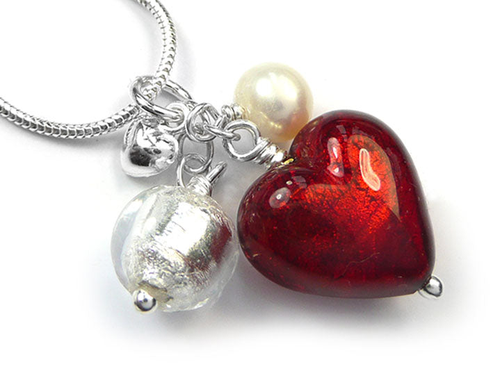 Murano Glass Heart Cluster Pendant - Ruby