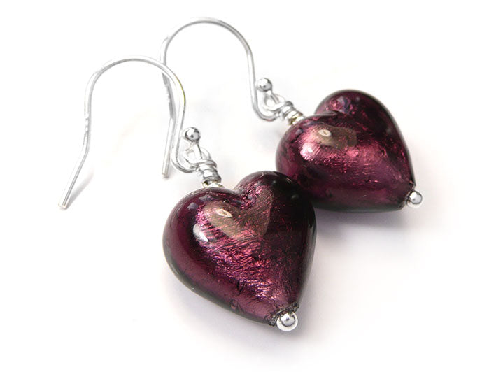 Murano Glass Heart Earrings - Amethyst