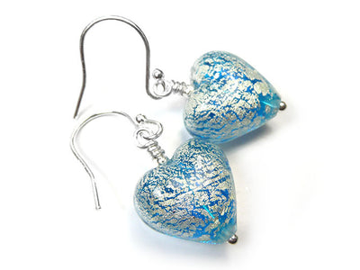 Murano Glass Heart Earrings - Aqua and White Gold