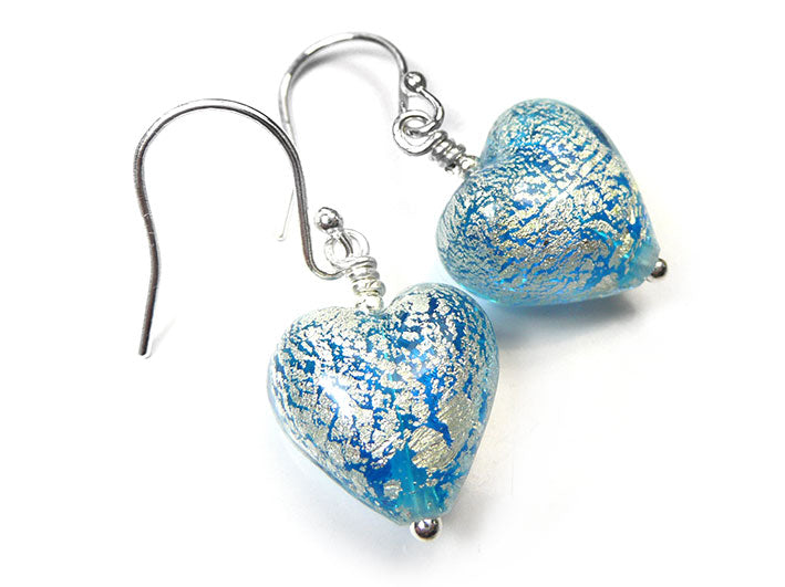 Murano Glass Heart Earrings - Aqua and White Gold