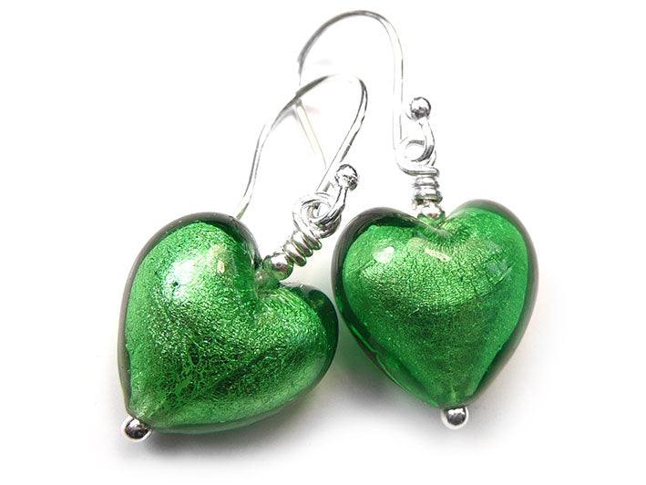 Murano Glass Heart Earrings - Emerald