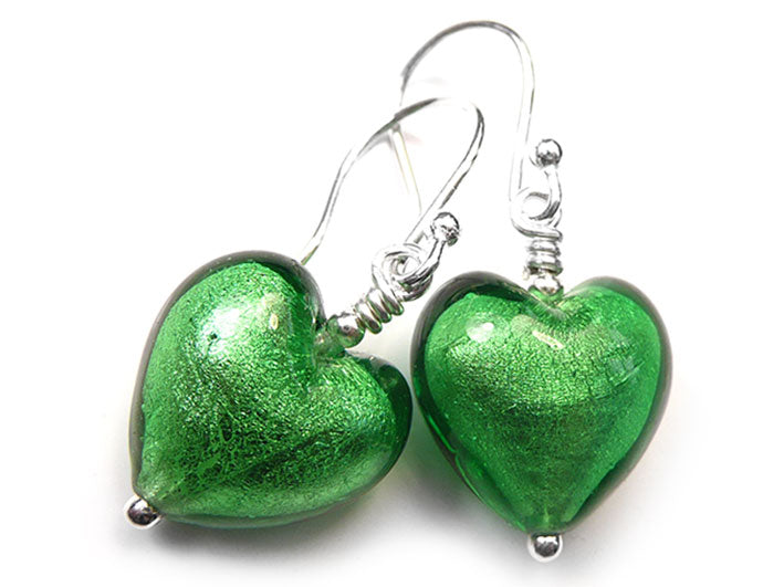 Murano Glass Heart Earrings - Emerald