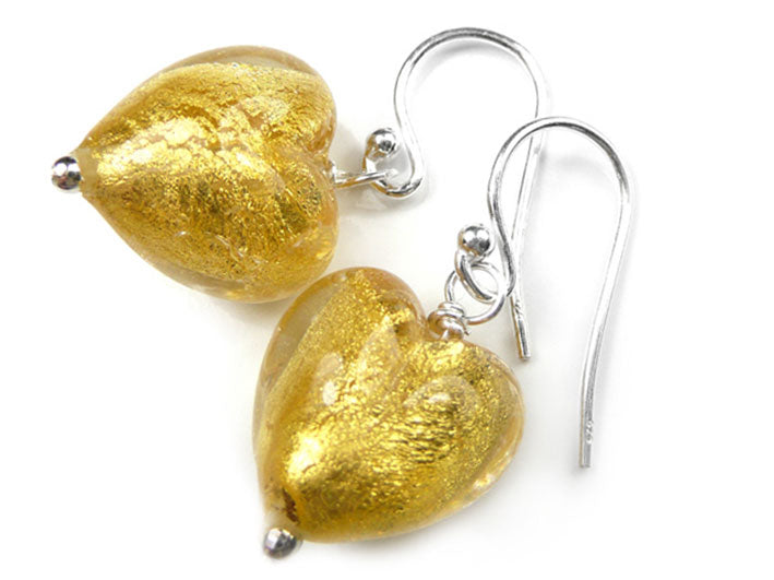 Murano Glass Heart Earrings - Gold