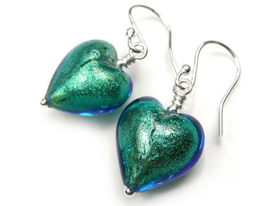 Murano Glass Heart Earrings - Kingfisher