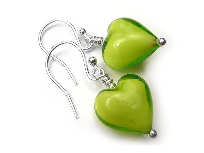 Murano Glass Heart Earrings - Lime White Core