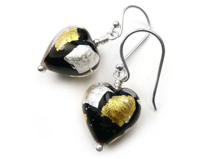 Murano Glass Heart Earrings - Midnight