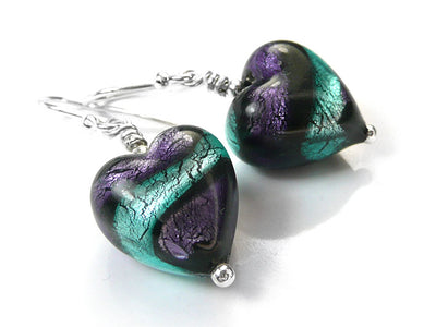 Murano Glass Heart Earrings - Purple Velvet and Verde