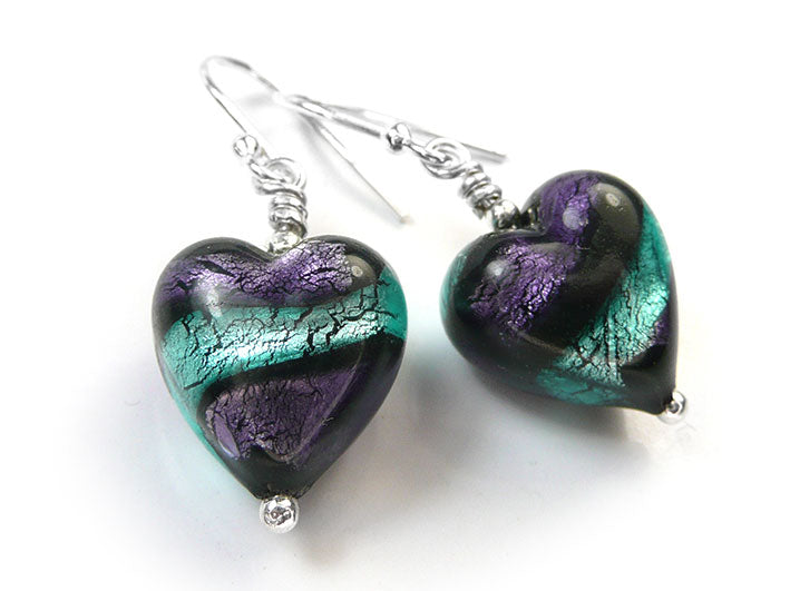 Murano Glass Heart Earrings - Purple Velvet and Verde