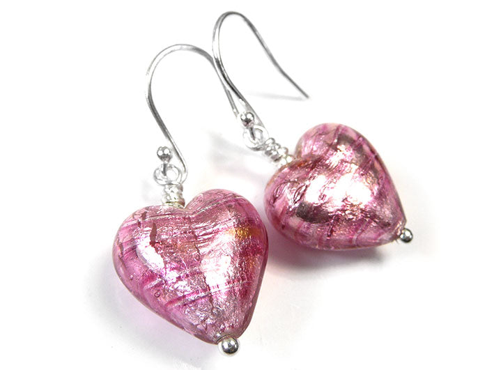 Murano Glass Heart Earrings - Raspberry Ripple