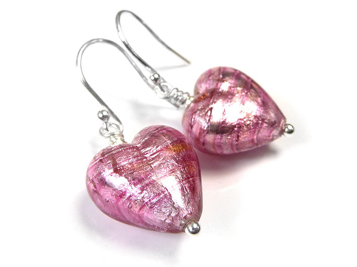 Murano Glass Heart Earrings - Raspberry Ripple