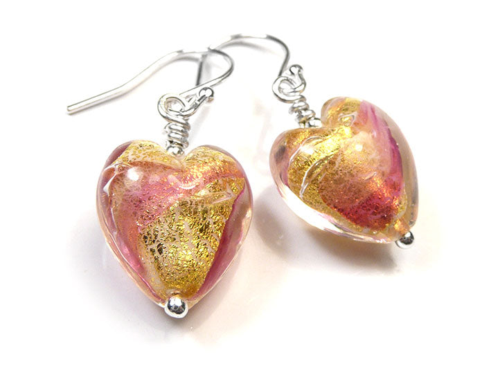 Murano Glass Heart Earrings - Rose and Ruby White Core