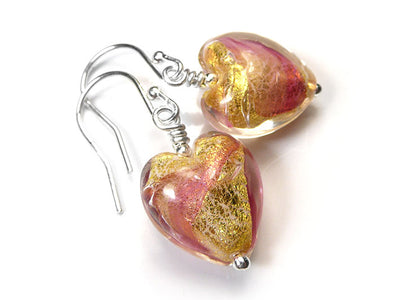 Murano Glass Heart Earrings - Rose and Ruby White Core