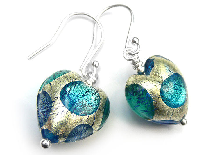 Murano Glass Heart Earrings - Teal Spot