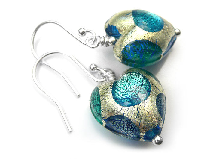 Murano Glass Heart Earrings - Teal Spot