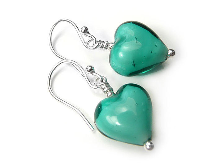 Murano Glass Heart Earrings - Teal White Core