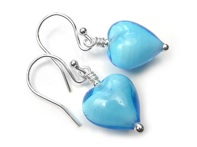 Murano Glass Heart Earrings - Turquoise White Core