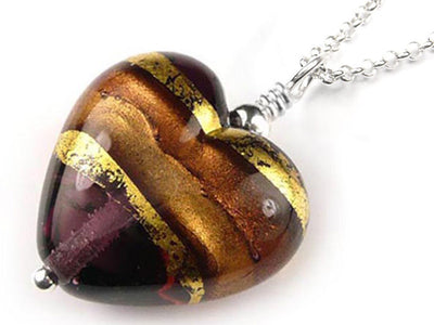 Murano Glass Heart Pendant - Amethyst Gold - Belcher Chain