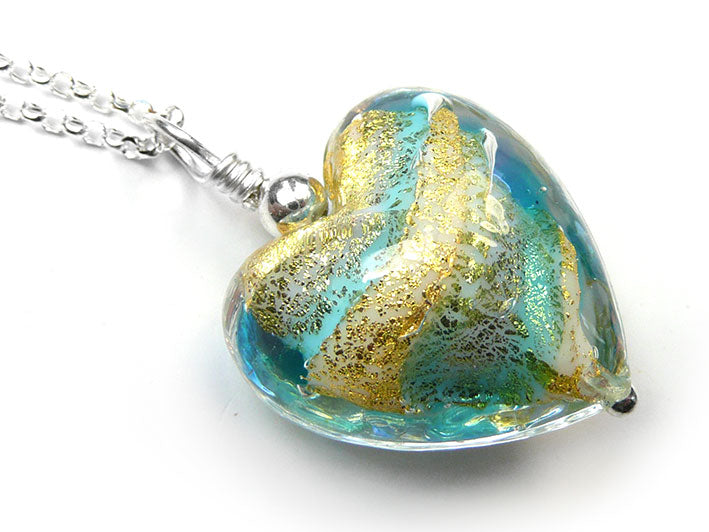 Murano Glass Heart Pendant - Aqua Gold