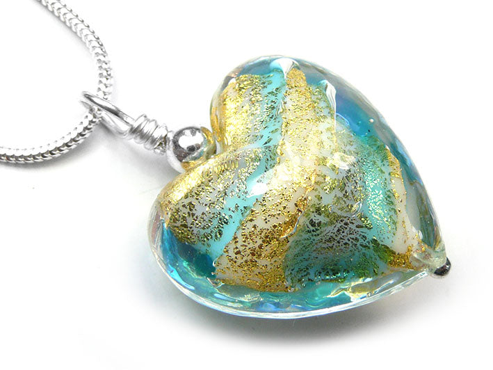 Murano Glass Heart Pendant - Aqua Gold
