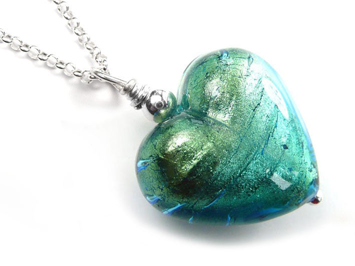 Murano Glass Heart Pendant - Aqua Verde - Belcher Chain