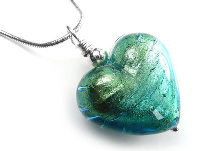 Murano Glass Heart Pendant - Aqua Verde - Snake Chain