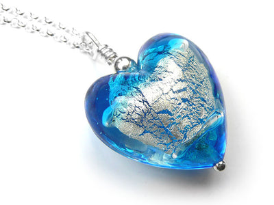 Murano Glass Heart Pendant - Aqua White Gold