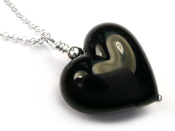 Murano Glass Heart Pendant - Black - Belcher Chain