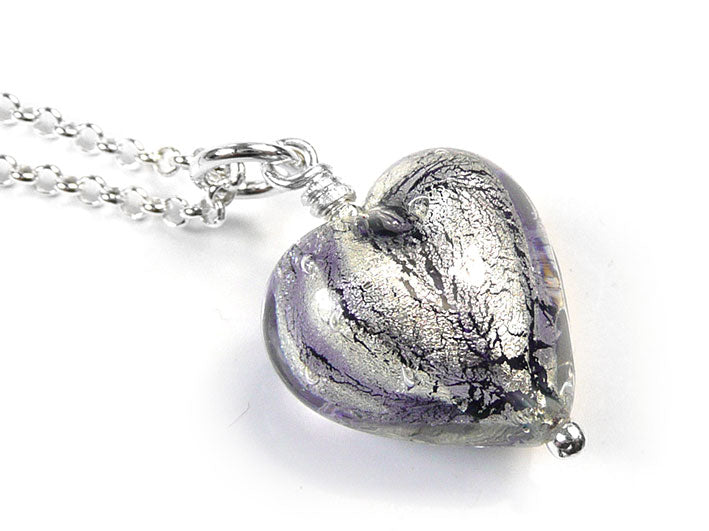 Murano Glass Heart Pendant - Black Diamond and Purple Velvet Swirl Small