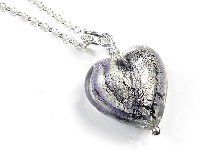 Murano Glass Heart Pendant - Black Diamond and Purple Velvet Swirl Small