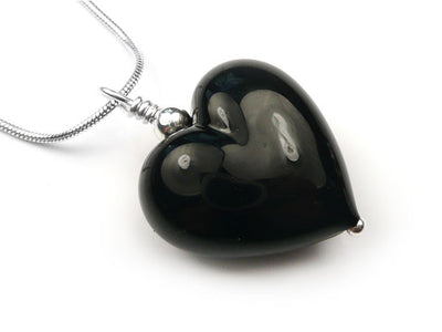 Murano Glass Heart Pendant - Black - Belcher Chain