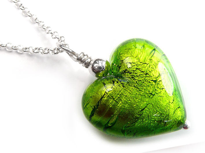 Murano Glass Heart Pendant - Chartreuse - Belcher Chain