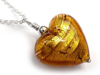 Murano Glass Heart Pendant - Dark Gold - Belcher Chain
