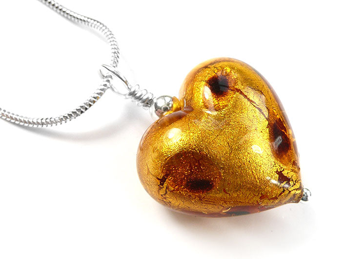 Murano Glass Heart Pendant - Dark Gold Leopard