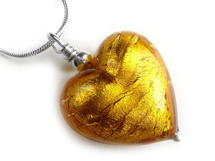 Murano Glass Heart Pendant - Dark Gold - Snake Chain
