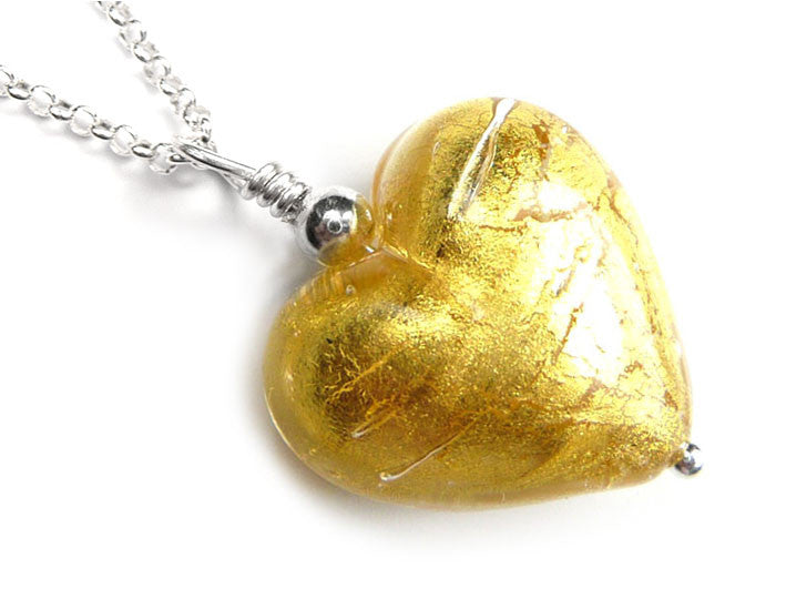 Murano Glass Heart Pendant - Gold - Belcher Chain