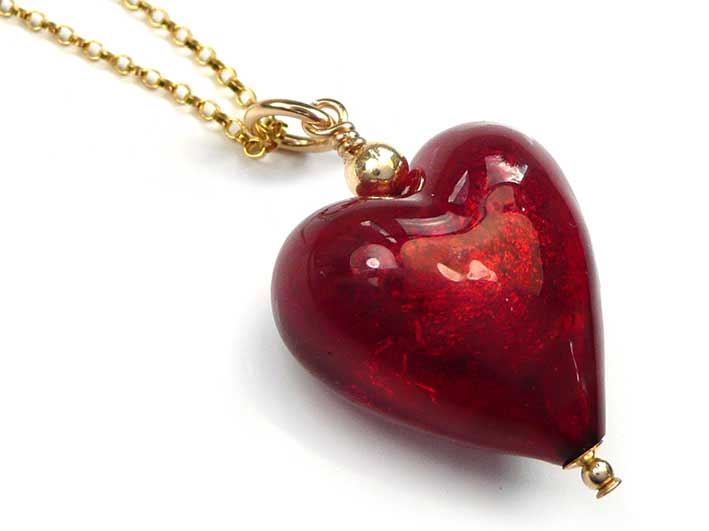 Murano Glass Heart Pendant - Gold Ruby